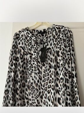 Haver Leopard-Print Tie-Neck Blouse — White with Brown and Black Spots